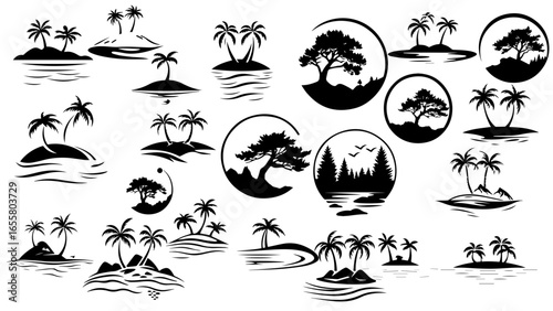 Engraved Style Mountain, Forest Camping, and Desert Vector Set

