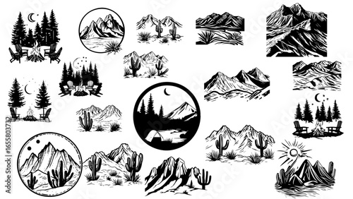 Diverse Nature Graphics Set: Mountains, Tropical Waves, and Tree Care Icons


