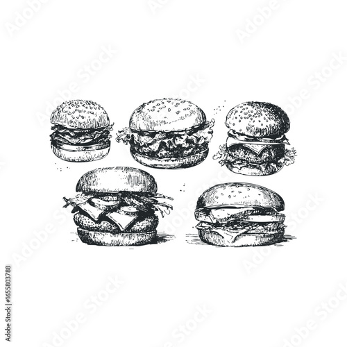 Hand Drawn Collection of Gourmet Burgers with Various Toppings