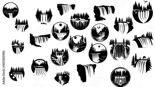 Waterfall Silhouette Icons Set – Nature Landscape Vector Collection