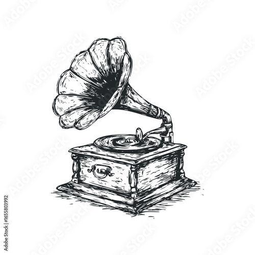 Vintage Gramophone with Phonograph Record Playing Music