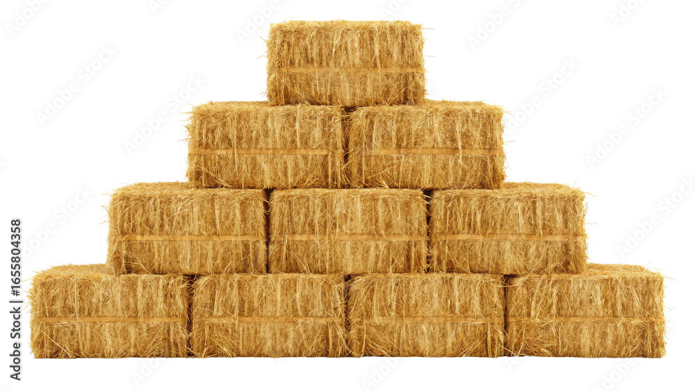 Fototapeta premium Golden Hay Bale Pyramid Stacked on white background