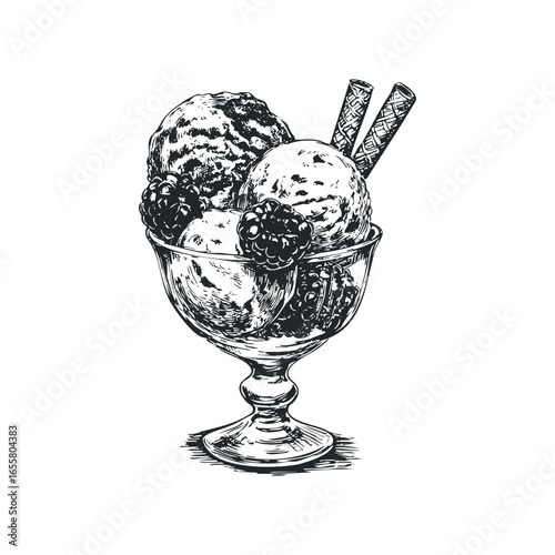 Hand drawn ice cream sundae with berries and wafer cookies in a glass dish