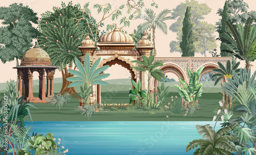 Traditional Mughal Garden, Mughal Arch ,dome, Peacock, Tree, Watercolor Background.