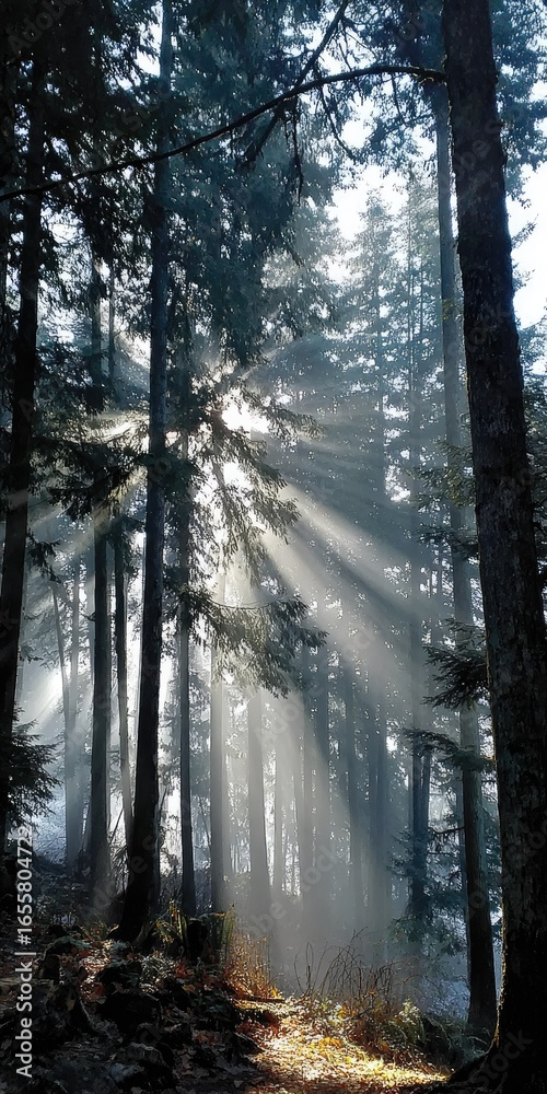 Obraz premium Sunbeams pierce misty forest, illuminating path (3)