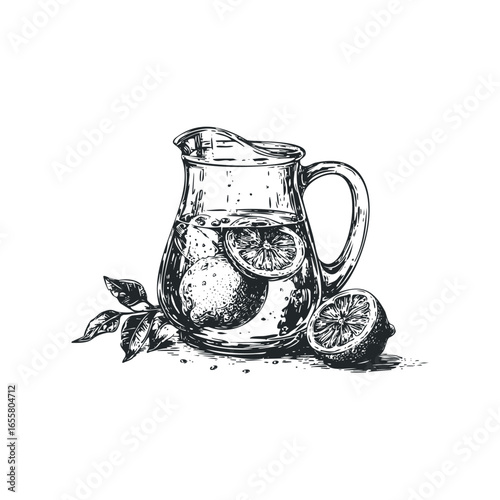 Hand-Drawn Sketch of a Glass Pitcher Filled with Lemonade and Citrus Slices
