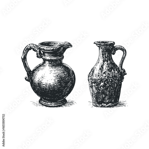 Two antique pottery jugs with ornate handles and textured surfaces