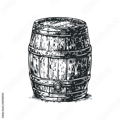 Wooden barrel with metal bands on white background