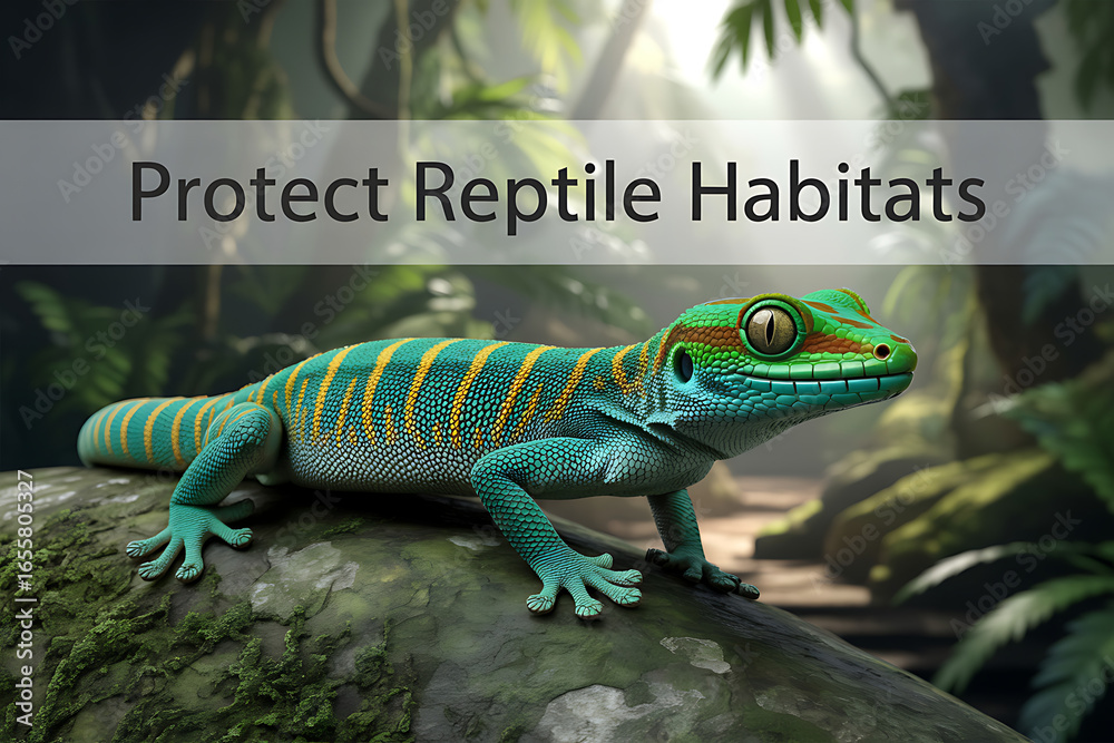Fototapeta premium Vibrant gecko resting in a lush tropical forest, showcasing wildlife diversity and the need for habitat conservation in a visually stunning way