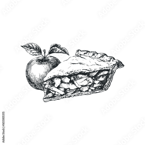 Detailed ink drawing of a freshly baked apple pie slice with a whole apple