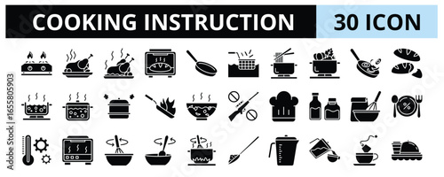 30 Cooking Instruction Glyph Icons Vector - Bake Bread, Frying, Boiling, Steaming, Garnishing, Blanching