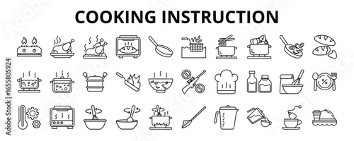 30 Cooking Instruction Line Icons Vector - Bake Bread, Frying, Boiling, Steaming, Garnishing, Blanching