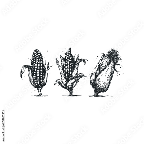 Three detailed ink drawings of fresh corn cobs against a white background