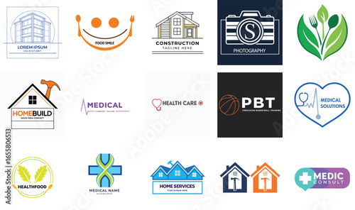 Assortment of modern logos for construction, healthcare, and sports businesses medical