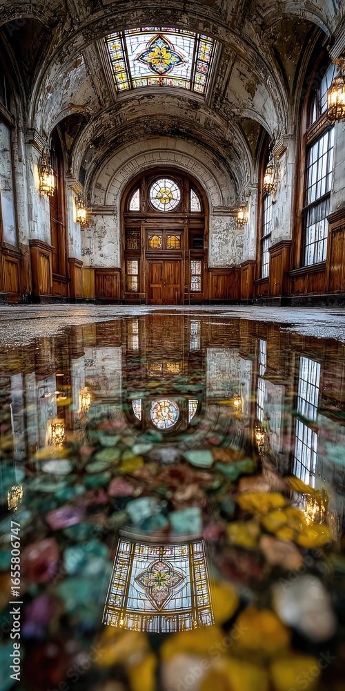 Obraz premium Grand hall's reflective floor shows stained glass ceiling & ornate details