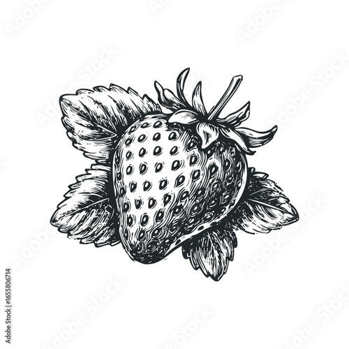 Detailed black and white sketch of a ripe strawberry with green leaves
