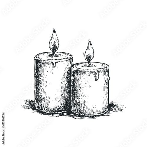 Two lit sketch candles with melting wax and shadows