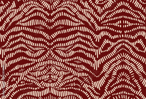 Red repeat line art texture pattern background with beige dashes arranged in wavy chevron shape, surface design can use dress, pillow and curtains.