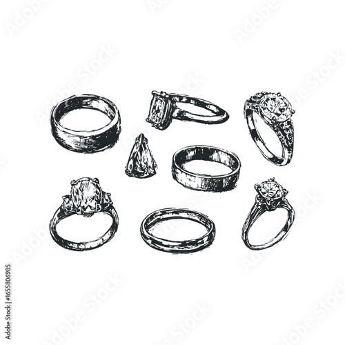Collection of Diamond Rings and Gemstone Studies Hand Drawn Sketch