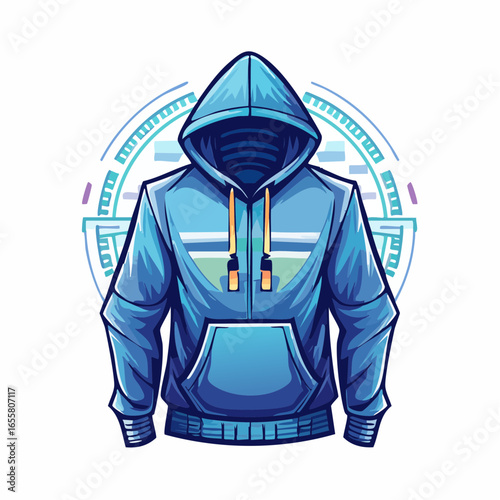 A bold illustration of an anonymous person in a blue hoodie with the hood pulled up, set against a circular, technological emblem. This design is perfect for a logo or mascot for a tech, gaming