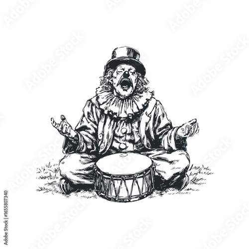 Expressive Clown Sitting with Drum and Ruff Collar