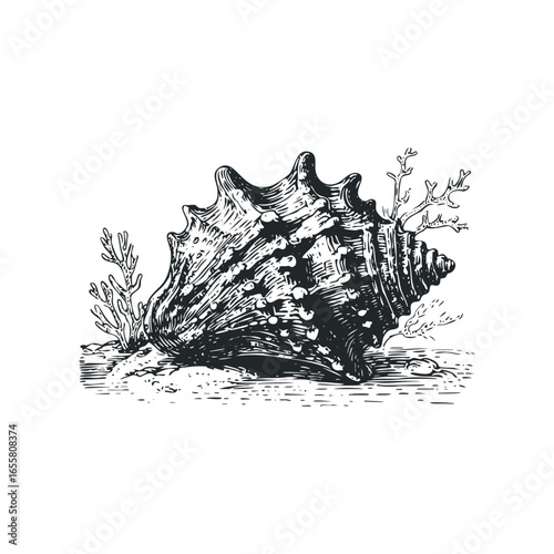 Vintage Conch Shell with Coral on Sandy Seabed