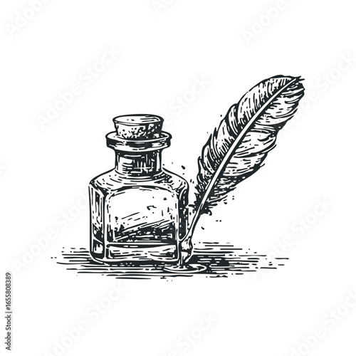 Vintage Quill Pen and Inkwell with Cork Stopper Sketch