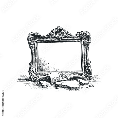 Ornate Picture Frame with Broken Glass and Debris