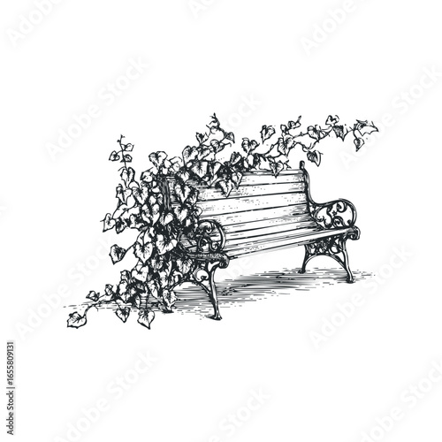 Detailed engraving of a cast iron park bench overgrown with ivy and foliage