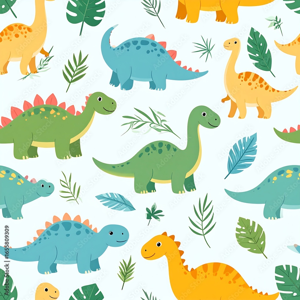 Fototapeta premium Seamless pattern featuring colorful cartoon dinosaurs and tropical leaves on a light blue background