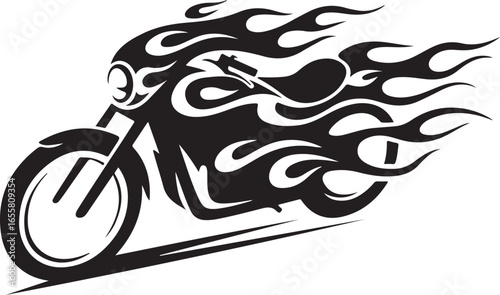 Flaming Skull Biker Silhouette Riding Motorcycle | Skeleton Rider Horror Vector Illustration