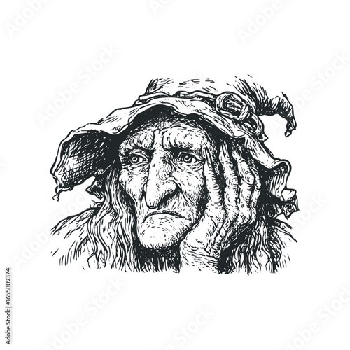 Old woman's weathered face with hand on cheek in sketch