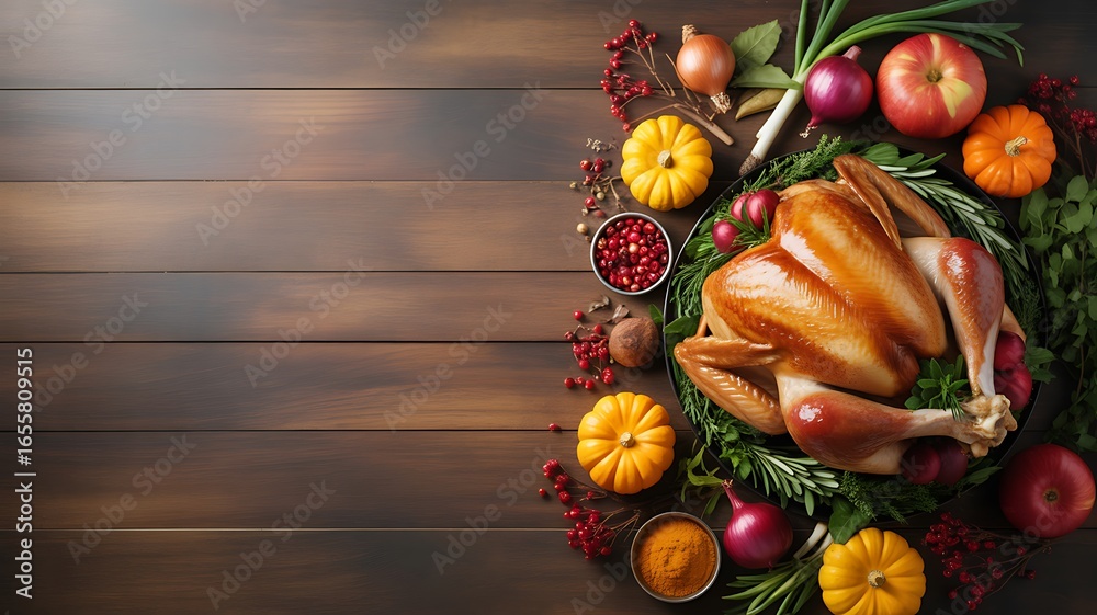 Naklejka premium Roasted Turkey Platter Surrounded by Autumn Fruits and Vegetables on Wooden Table