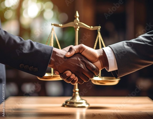 Two people shaking hands over a golden scale of justice