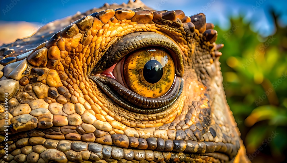 Fototapeta premium Close-up view of a reptile's eye and textured skin.