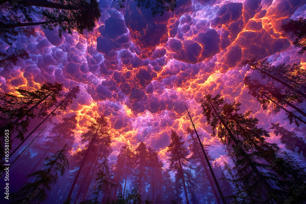 Fototapeta premium Enchanting forest canopy with vibrant cloudscape at dusk