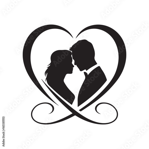 Black silhouette couple artistically framed within a heart shape. 