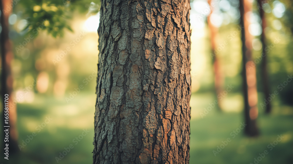 Fototapeta premium Close-up of a tree trunk in an open area, peaceful atmosphere, with a blurred natural forest background.