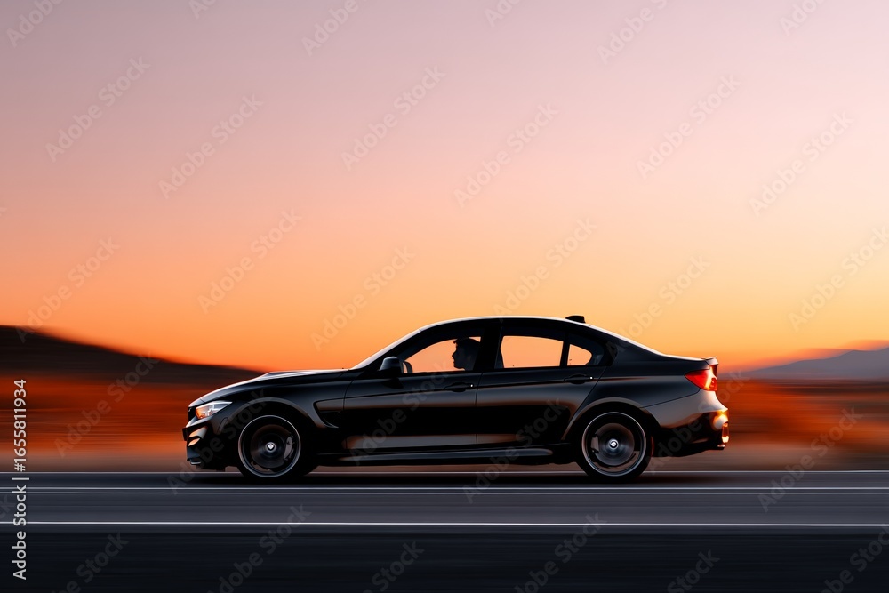 Naklejka premium Sleek black sedan driving on highway at sunset with orange sky in background