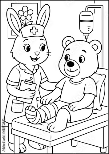 Coloring page, A talking rabbit nurse kindly gives advice to a sick bear in a hospital.
