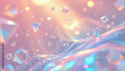 holographic pastel glow theme with peach blush with iridescent blue, glowing prism like transition, shimmering prism particles, soft focus center glow, timeless and magical