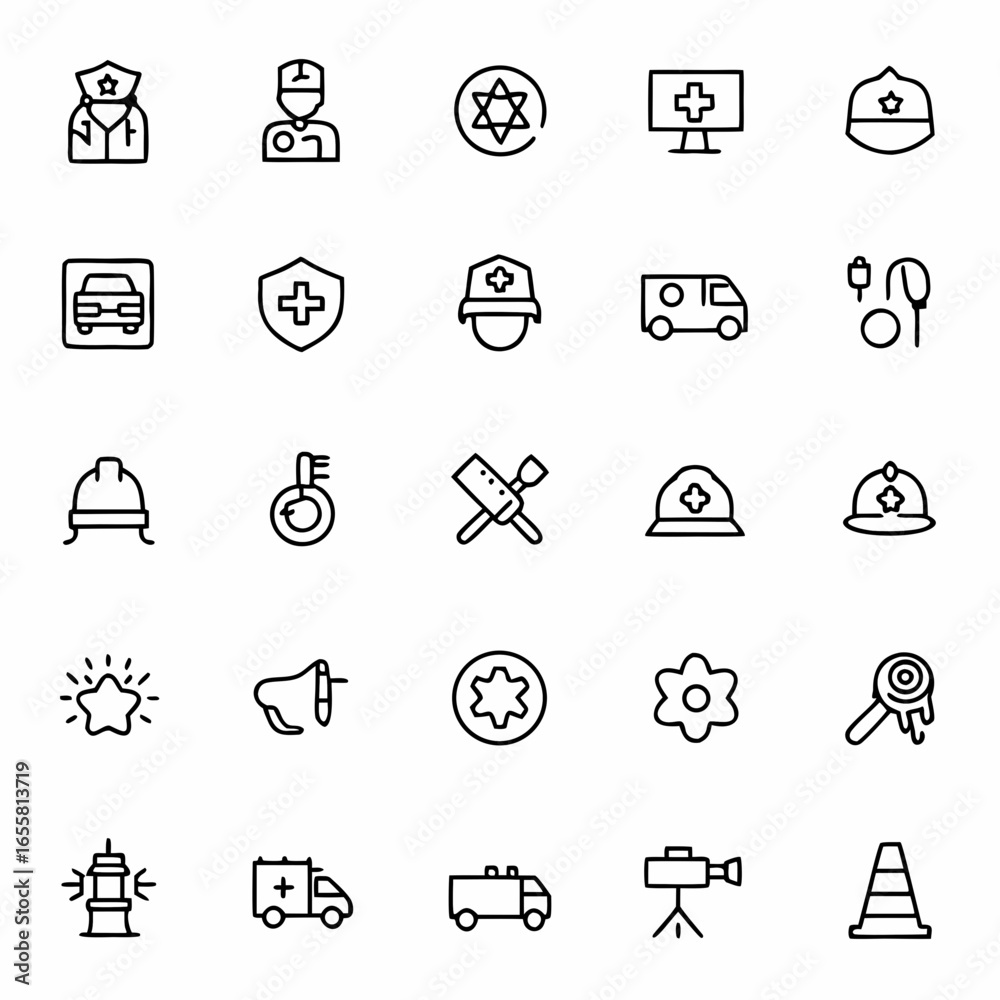 Fototapeta premium Emergency Services Vector Icon Set | Adjustable Line Weight | Police, doctor, firefighter, ambulance, siren, megaphone, rescue, stretcher, badge, helicopter, first aid icons