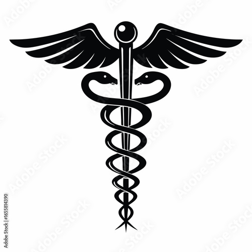 Black Caduceus Medical Symbol with Wings and Two Snakes on White healthcare medicine
