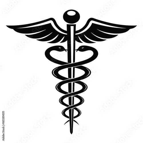 Black caduceus symbol with wings and two snakes on white background medical symbol healthcare
