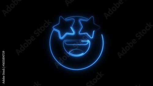 Glowing neon emoji with star eyes showing excitement and joy on a black background