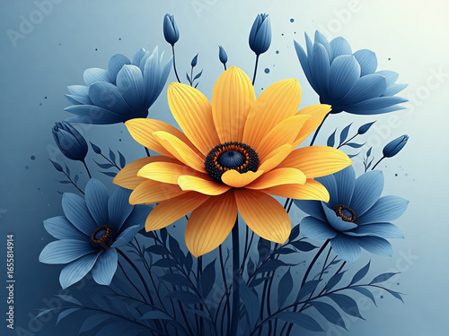Vibrant Yellow Flower with Blue Companions
