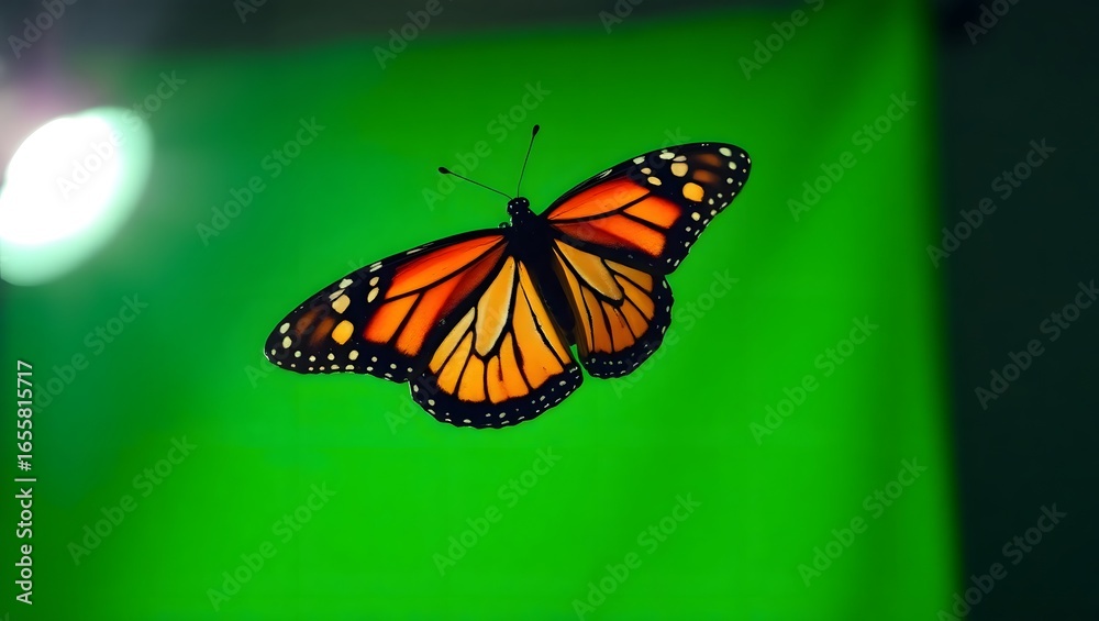 Fototapeta premium A monarch butterfly with orange and black wings against a vibrant green background in soft lighting