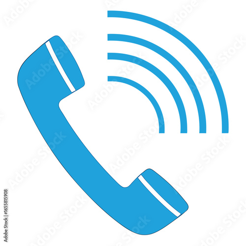Blue telephone handset with sound waves on white background call communication