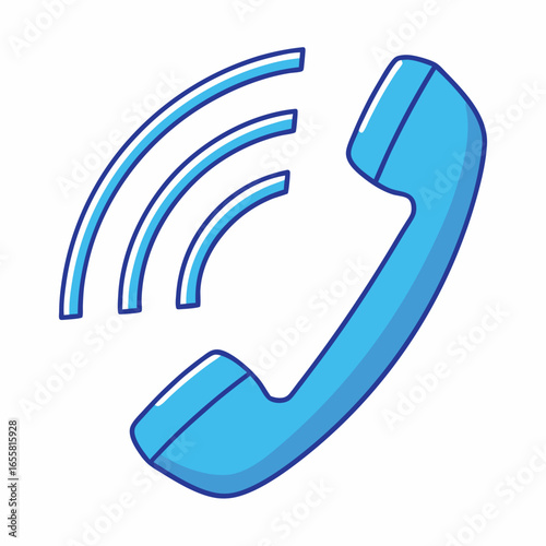 Blue telephone handset with sound waves on a white background call communication