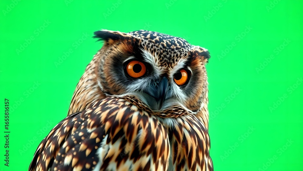 Fototapeta premium A close up of an owl with orange eyes and brown feathers against a bright green background studio shot